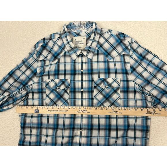 American Eagle Shirt Mens XXL Pearl Snap Blue Plaid Western Ranch Long Sleeve - Picture 2 of 9